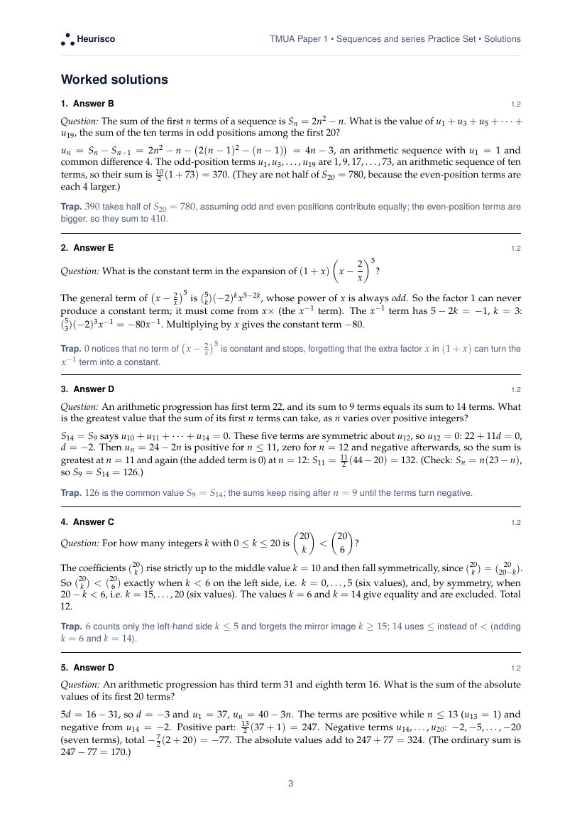Page 3 of the worked solutions for TMUA Paper 1: Sequences and series: the answer, a step-by-step solution and the trap for each question.