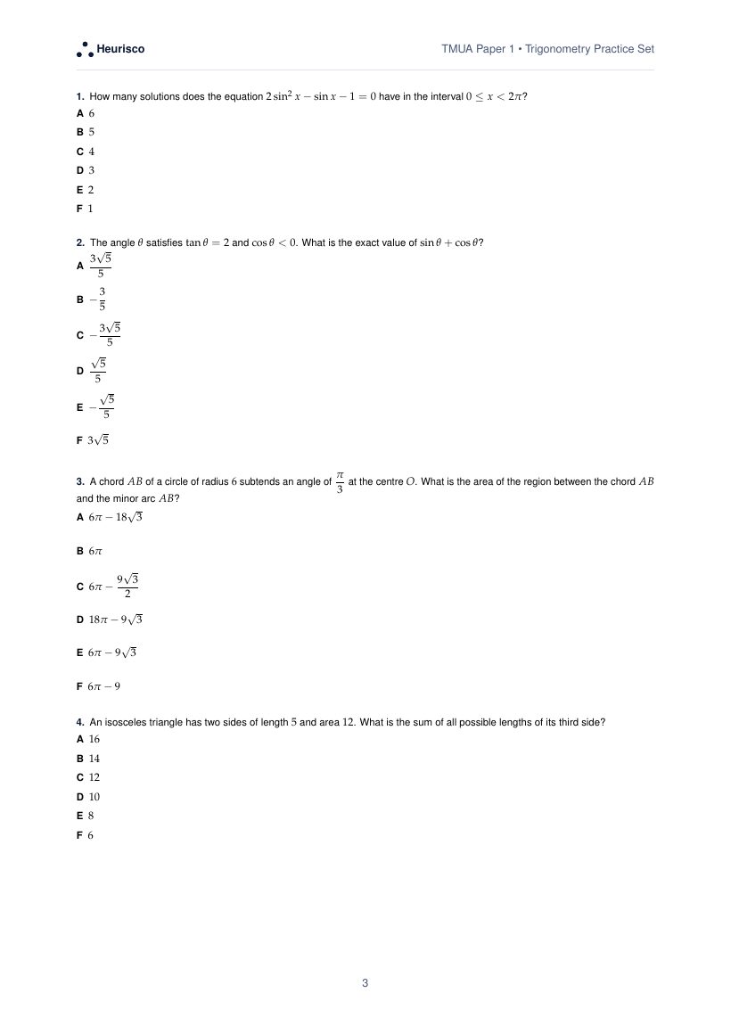 Page 3 of the question paper for TMUA Paper 1: Trigonometry: the first questions, laid out as in the real test.