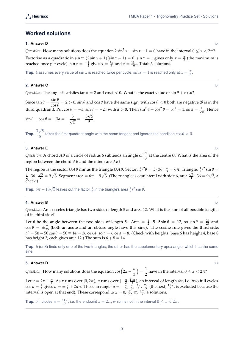 Page 3 of the worked solutions for TMUA Paper 1: Trigonometry: the answer, a step-by-step solution and the trap for each question.