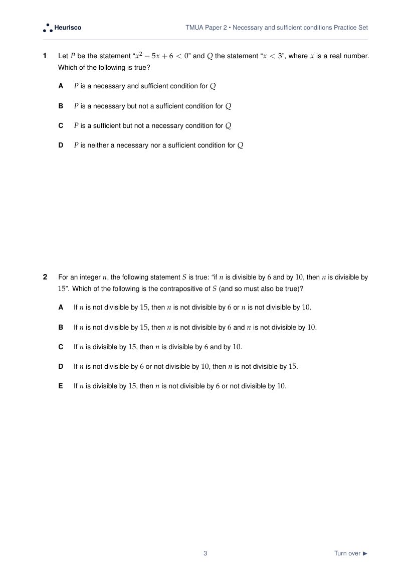 Page 3 of the question paper for TMUA Paper 2: Necessary and sufficient conditions: the first questions, laid out as in the real test.