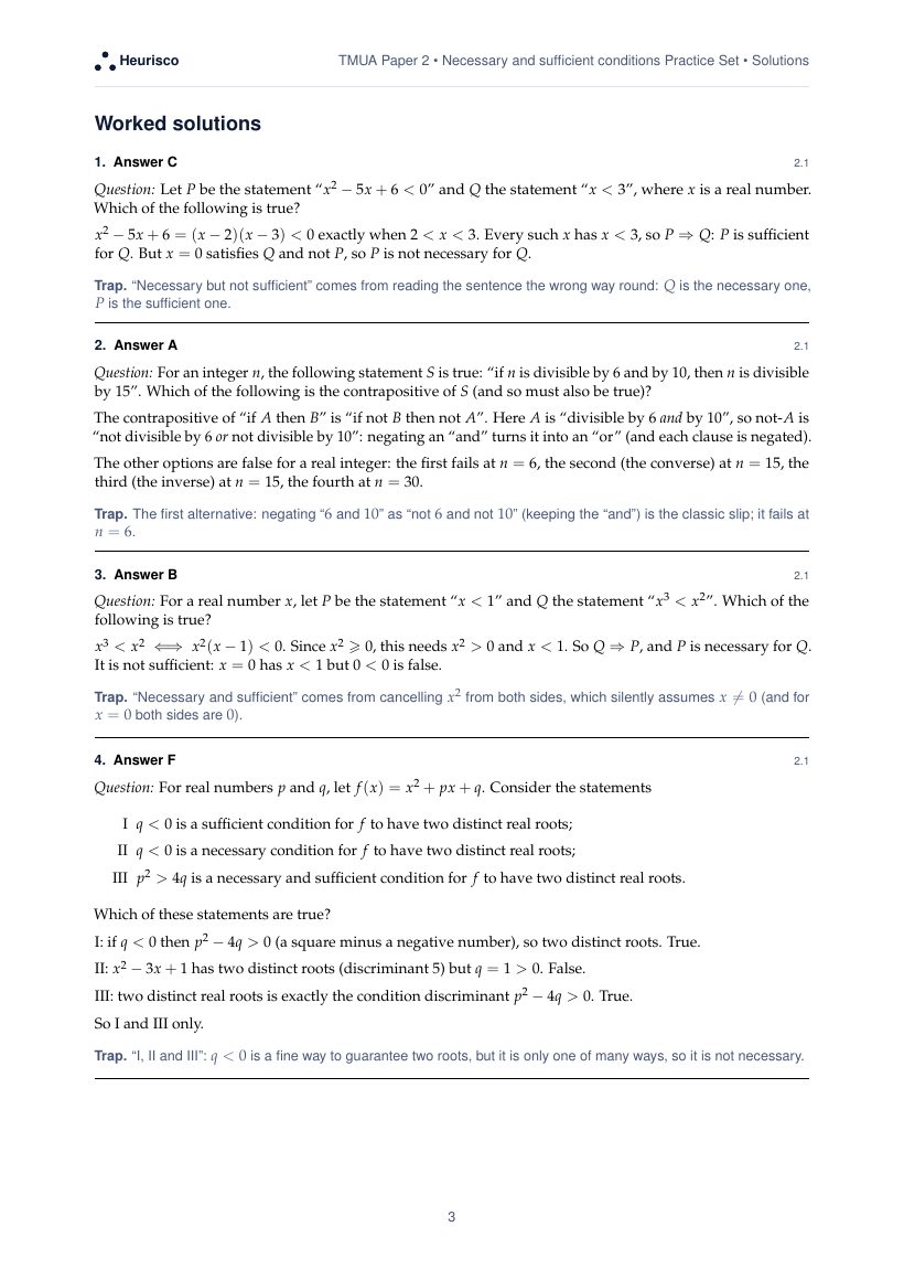 Page 3 of the worked solutions for TMUA Paper 2: Necessary and sufficient conditions: the answer, a step-by-step solution and the trap for each question.