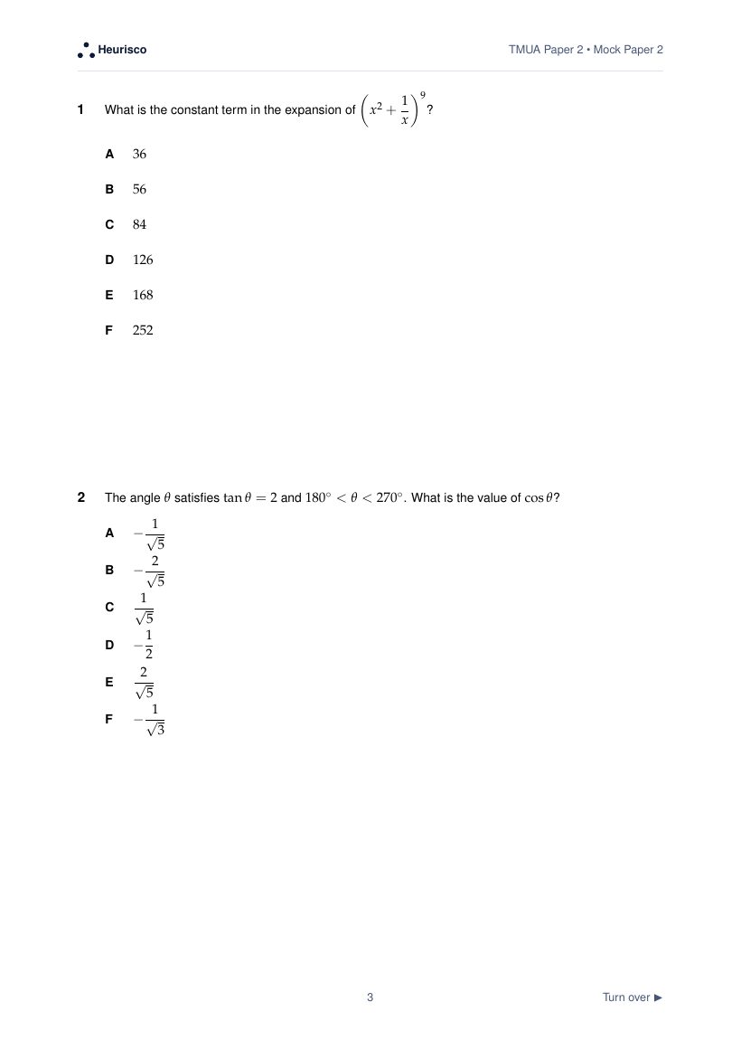 Page 3 of the question paper for TMUA Paper 2: Mock Exam 1: the first questions, laid out as in the real test.