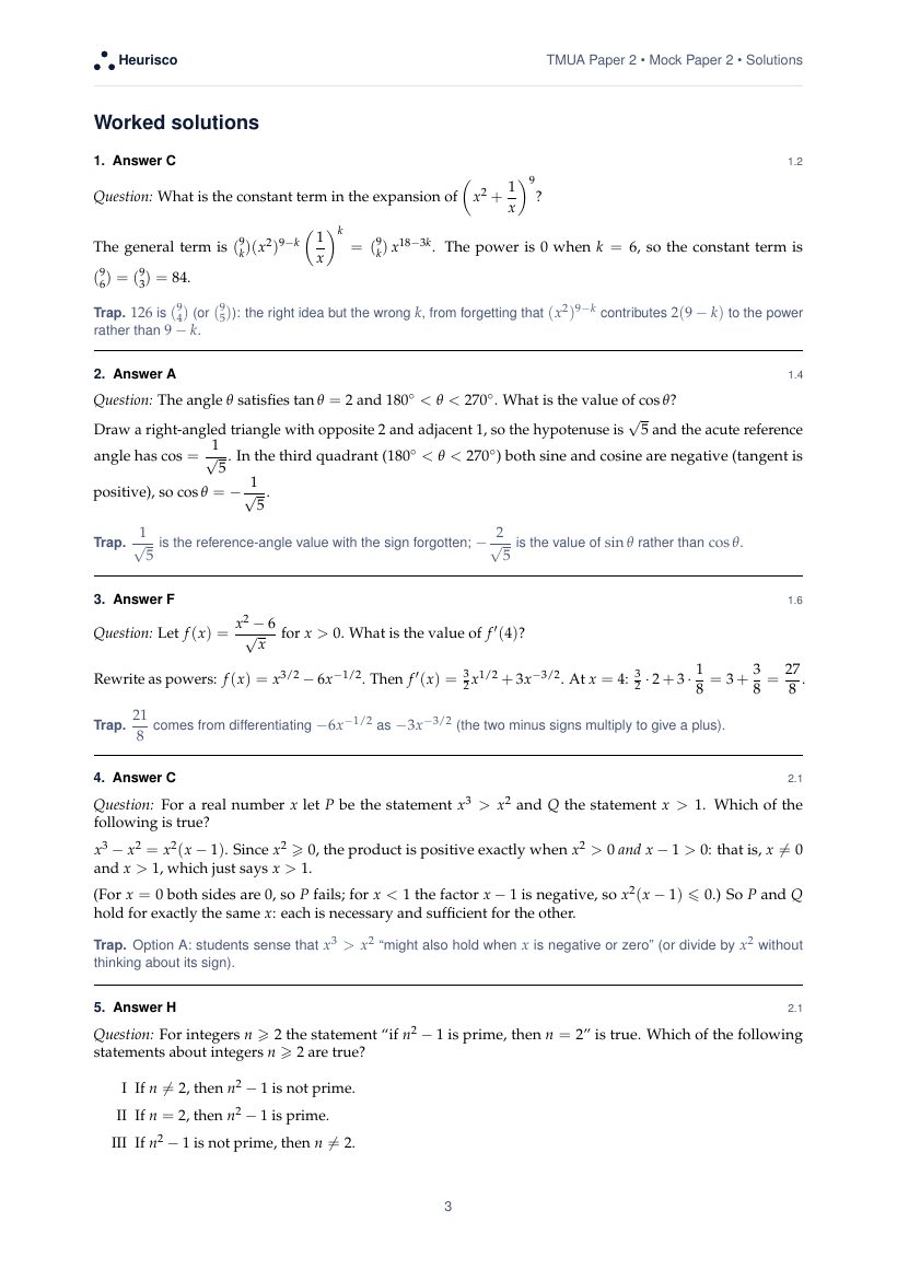 Page 3 of the worked solutions for TMUA Paper 2: Mock Exam 1: the answer, a step-by-step solution and the trap for each question.