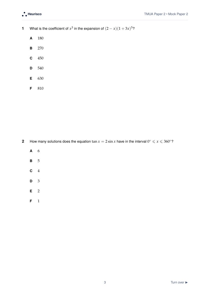 Page 3 of the question paper for TMUA Paper 2: Mock Exam 2: the first questions, laid out as in the real test.