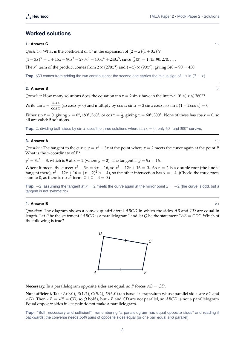 Page 3 of the worked solutions for TMUA Paper 2: Mock Exam 2: the answer, a step-by-step solution and the trap for each question.