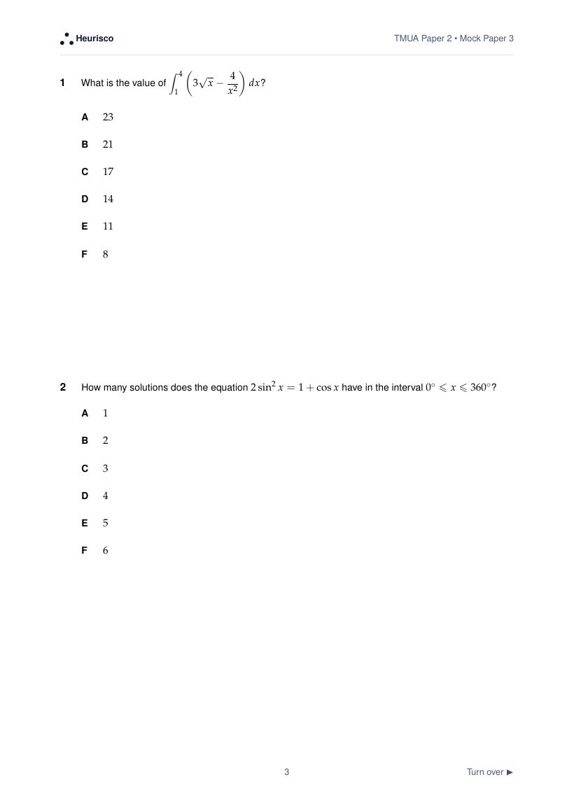 Page 3 of the question paper for TMUA Paper 2: Mock Exam 3: the first questions, laid out as in the real test.