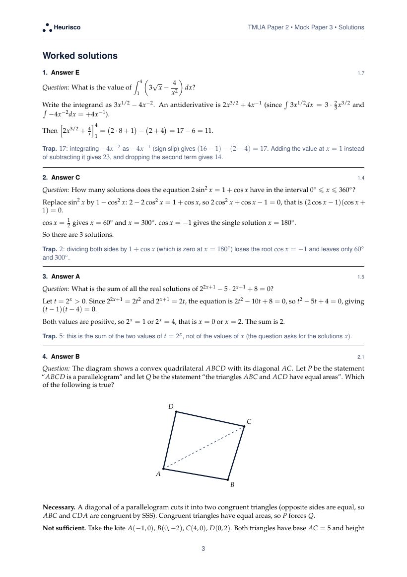 Page 3 of the worked solutions for TMUA Paper 2: Mock Exam 3: the answer, a step-by-step solution and the trap for each question.