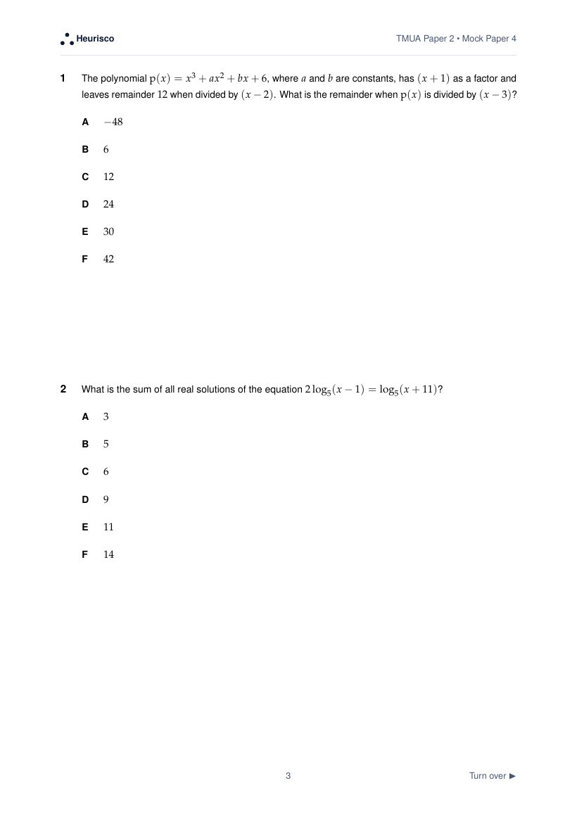 Page 3 of the question paper for TMUA Paper 2: Mock Exam 4: the first questions, laid out as in the real test.