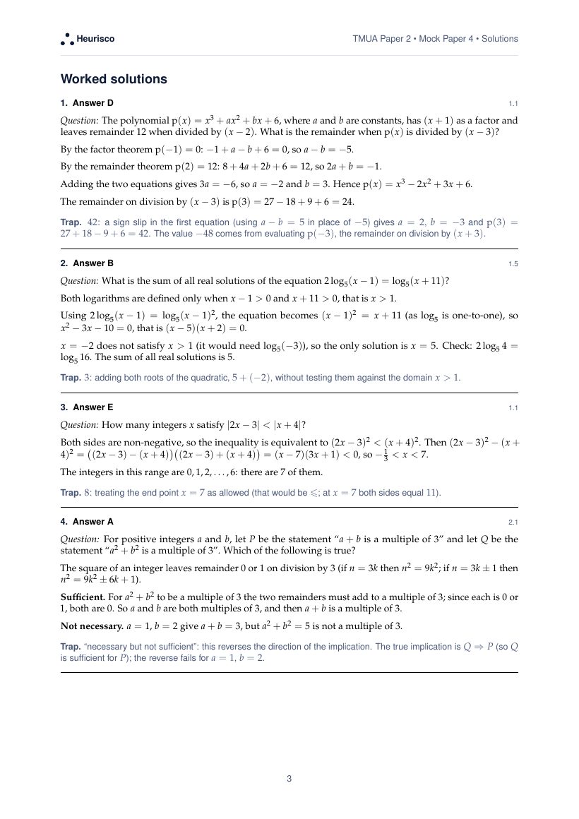 Page 3 of the worked solutions for TMUA Paper 2: Mock Exam 4: the answer, a step-by-step solution and the trap for each question.