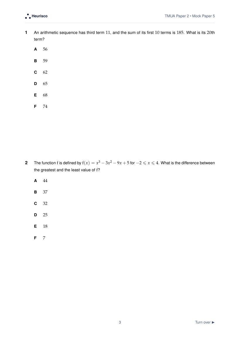Page 3 of the question paper for TMUA Paper 2: Mock Exam 5: the first questions, laid out as in the real test.