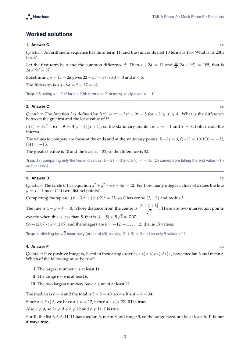 Page 3 of the worked solutions for TMUA Paper 2: Mock Exam 5: the answer, a step-by-step solution and the trap for each question.