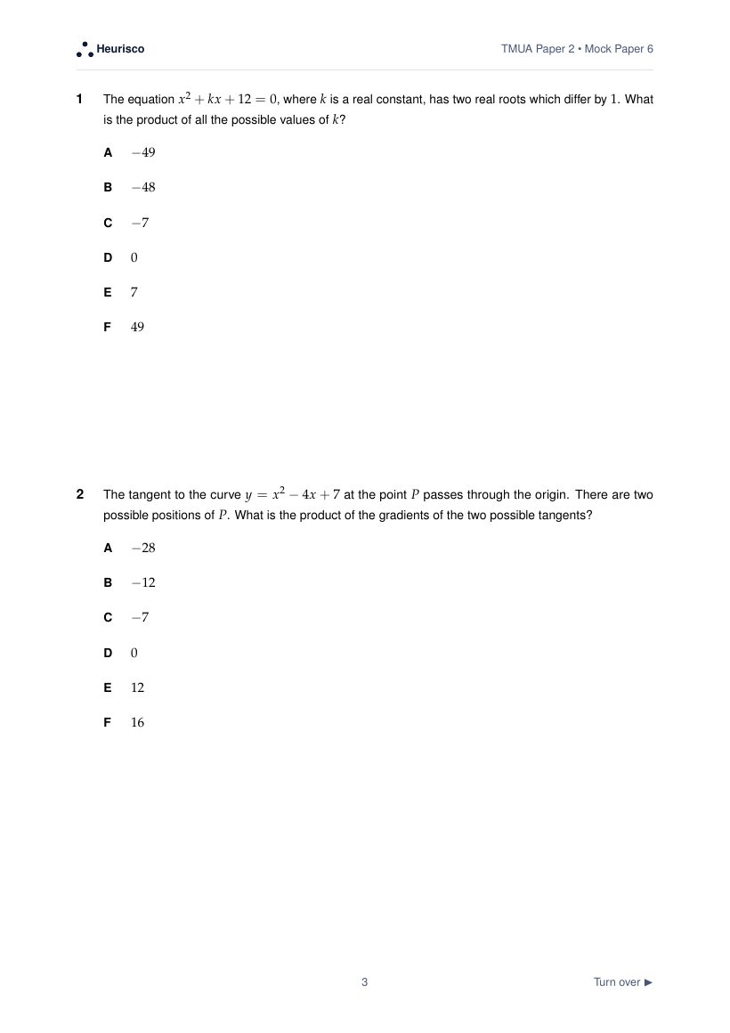 Page 3 of the question paper for TMUA Paper 2: Mock Exam 6: the first questions, laid out as in the real test.