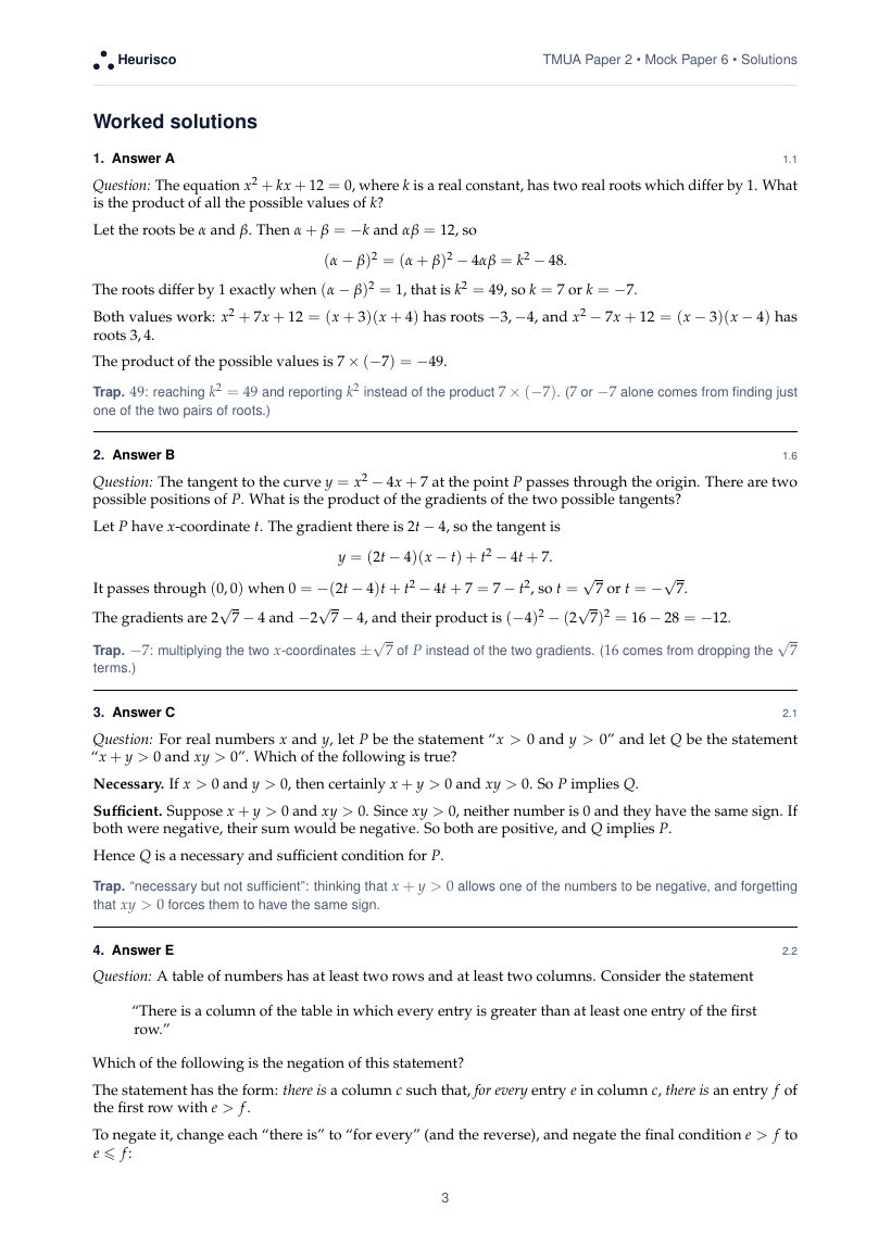 Page 3 of the worked solutions for TMUA Paper 2: Mock Exam 6: the answer, a step-by-step solution and the trap for each question.