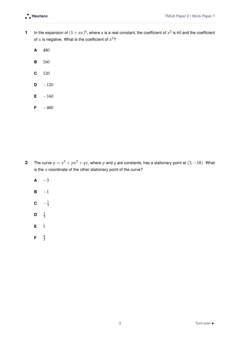 Page 3 of the question paper for TMUA Paper 2: Mock Exam 7: the first questions, laid out as in the real test.
