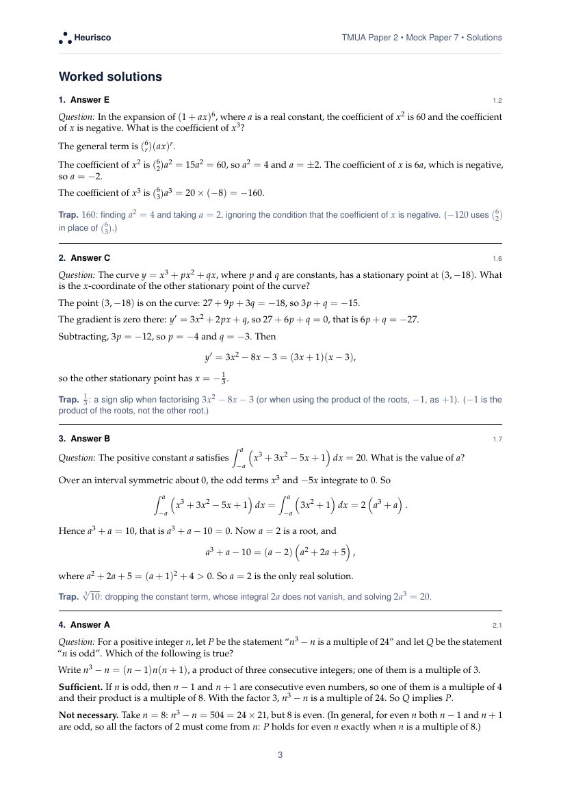 Page 3 of the worked solutions for TMUA Paper 2: Mock Exam 7: the answer, a step-by-step solution and the trap for each question.