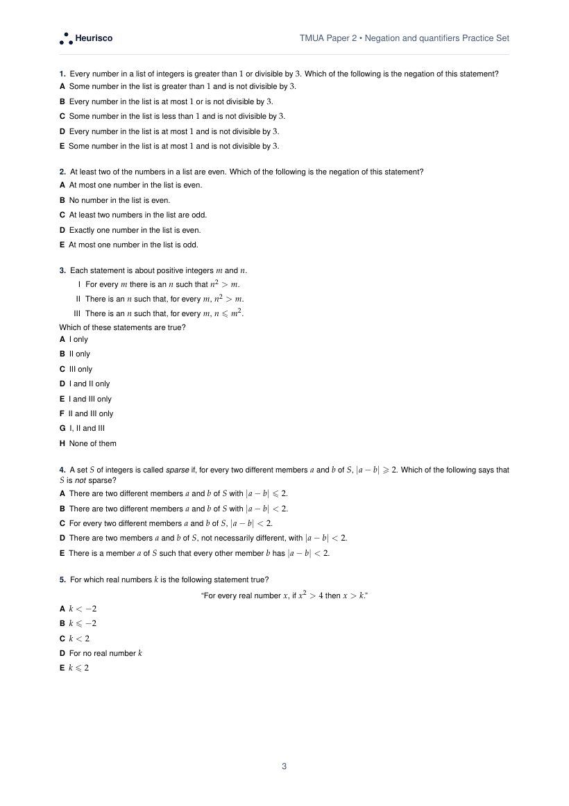 Page 3 of the question paper for TMUA Paper 2: Negation and quantifiers: the first questions, laid out as in the real test.
