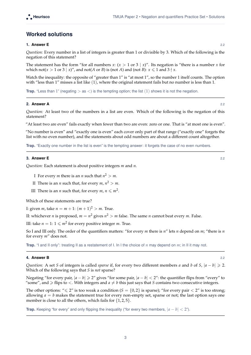 Page 3 of the worked solutions for TMUA Paper 2: Negation and quantifiers: the answer, a step-by-step solution and the trap for each question.