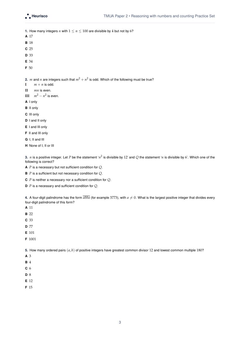 Page 3 of the question paper for TMUA Paper 2: Reasoning with numbers and counting: the first questions, laid out as in the real test.