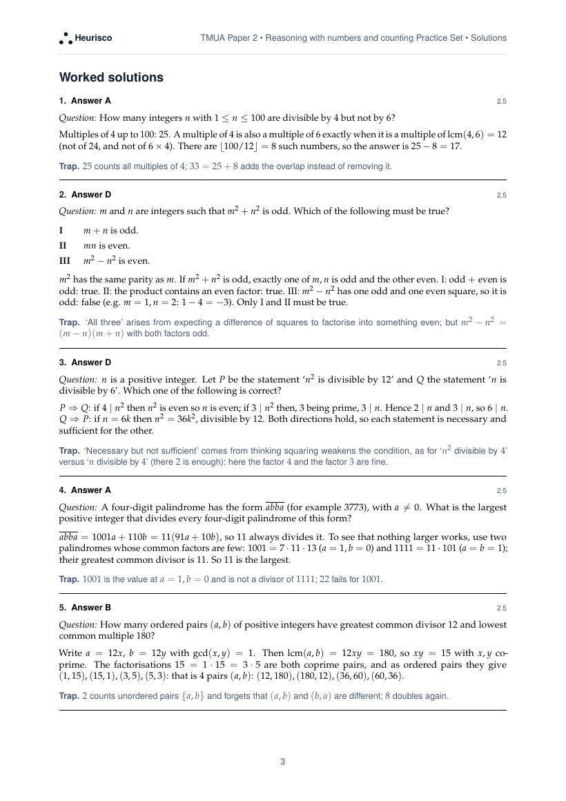 Page 3 of the worked solutions for TMUA Paper 2: Reasoning with numbers and counting: the answer, a step-by-step solution and the trap for each question.