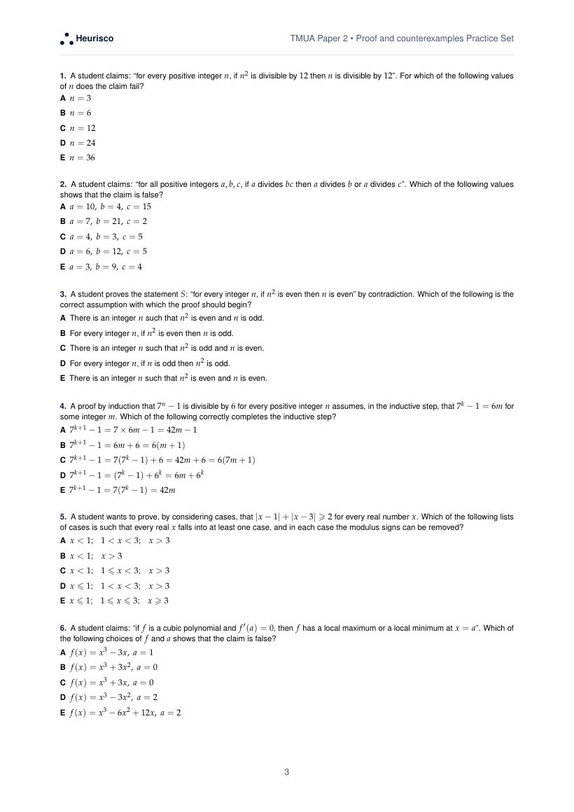 Page 3 of the question paper for TMUA Paper 2: Proof and counterexamples: the first questions, laid out as in the real test.