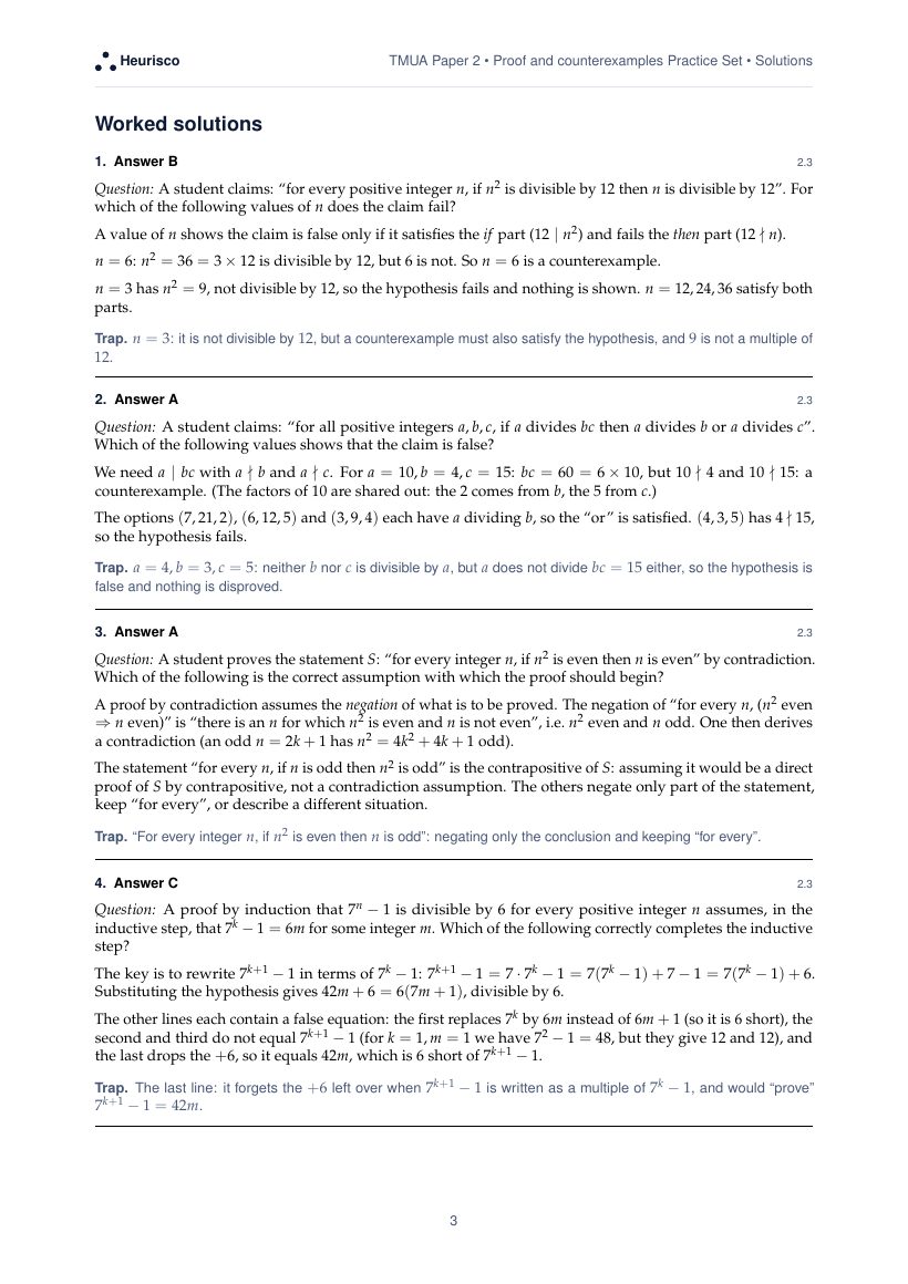 Page 3 of the worked solutions for TMUA Paper 2: Proof and counterexamples: the answer, a step-by-step solution and the trap for each question.
