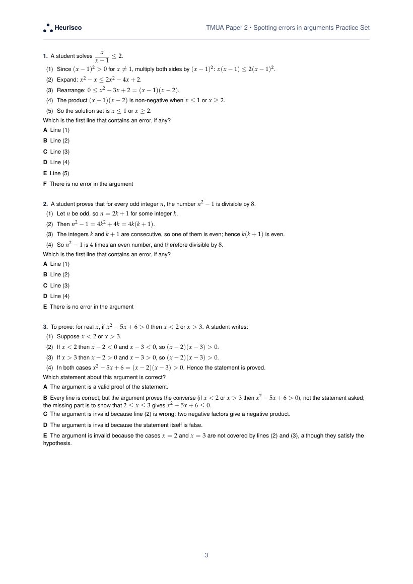 Page 3 of the question paper for TMUA Paper 2: Spotting errors in arguments: the first questions, laid out as in the real test.