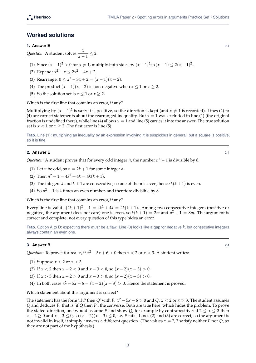 Page 3 of the worked solutions for TMUA Paper 2: Spotting errors in arguments: the answer, a step-by-step solution and the trap for each question.